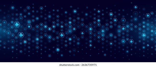 Healthcare Medical cyber pattern of glowing blue hexagons with icons. Futuristic medicine background. Digital health insurance concept. Vector illustration