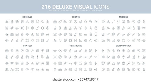 Healthcare and medical diagnostic devices, biotechnology, structure of molecule and atom line icon set. Science, DNA test and scientific, research thin black outline symbols vector illustration