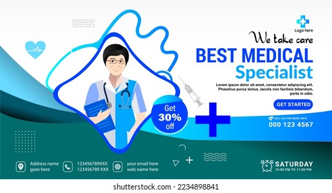 Healthcare and medical Doctor banner, Medical health poster template design. Realistic hospital webinar template.