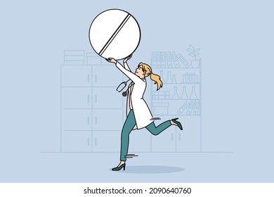 Healthcare and medical drugs concept. Young smiling woman doctor pharmacist running holding huge white pill in raised hands vector illustration 