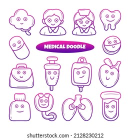 Healthcare and medical element set with hand drawn outline doodle style