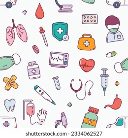 Healthcare and medical equipment doodle hand drawn seamless pattern