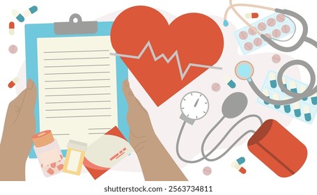 Healthcare. Medical equipment to use at home. Medicines to treat diseases. Cardiology. Vector illustration.