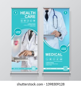 Healthcare And Medical And Flat Icons Roll Up Design, Standee And Banner Template Decoration For Exhibition, Printing, Presentation And Brochure Flyer Concept Vector Illustration