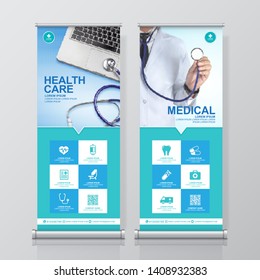 Healthcare and medical and flat icons roll up design, standee and banner template decoration for exhibition, printing, presentation and brochure flyer concept vector illustration