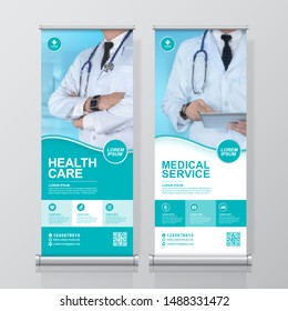 Healthcare And Medical And Flat Icons Roll Up Design, Standee And Banner Template Decoration For Exhibition, Printing, Presentation And Brochure Flyer Concept Vector Illustration