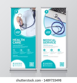 Healthcare and medical and flat icons roll up design, standee and banner template decoration for exhibition, printing, presentation and brochure flyer concept vector illustration