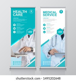 Healthcare and medical and flat icons roll up design, standee and banner template decoration for exhibition, printing, presentation and brochure flyer concept vector illustration