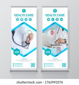 Healthcare and medical and flat icons roll up design, standee and banner template decoration for exhibition, printing, presentation and brochure flyer concept vector illustration