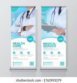 Healthcare and medical and flat icons roll up design, standee and banner template decoration for exhibition, printing, presentation and brochure flyer concept vector illustration