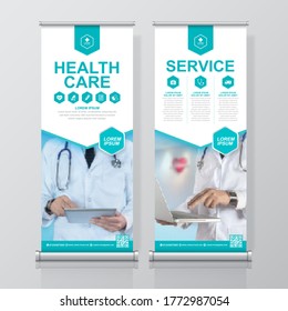 Healthcare and medical and flat icons roll up design, standee and banner template decoration for exhibition, printing, presentation and brochure flyer concept vector illustration