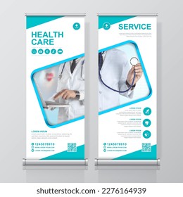 Healthcare and medical and flat icons roll up design, standee and banner template decoration for exhibition, printing, presentation and brochure flyer concept vector illustration