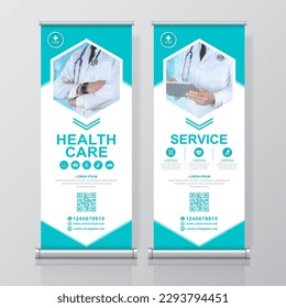 Healthcare and medical and flat icons roll up design, standee and banner template decoration for exhibition, printing, presentation and brochure flyer concept vector illustration