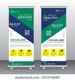 Healthcare and medical and flat icons roll up design, standee and banner template decoration for exhibition, printing, presentation and brochure flyer concept vector illustration