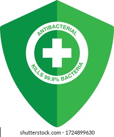 Healthcare Medical Green Protection Shield Vector Sign/Symbol:  Antibacterial Kills 99.9% Bacteria