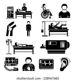 Healthcare medical heart pacemaker artificial kidney dialyze system monitoring technology graphic icons collection abstract isolated vector illustration