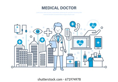 Healthcare And Medical Help. Medical Doctor Therapist In Dressing Gown. Medical Institution, Hospital, Building, Clinic. Illustration Thin Line Design Of Vector Doodles, Infographics Elements.