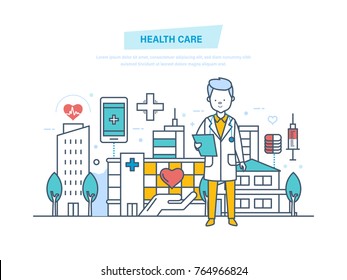 Healthcare and medical help. Doctor therapist in dressing gown, doctor working at hospital. Medical institution, hospital, building, clinic. Illustration thin line design of vector doodles.