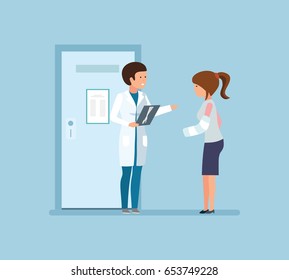 Healthcare and medical help. Girl with a hand injury, at a reception with a surgeon's doctor, in front of the reception room in the hospital. Vector illustration isolated in cartoon style.