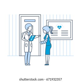 Healthcare and medical help. Girl with hand injury, at reception with surgeon's doctor, in front of reception room in hospital. Illustration thin line design of vector doodles, infographics elements.