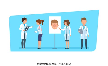 Healthcare and medical help. Girl with hand injury, at reception with surgeon's doctor, in room in hospital. Doctors character person, speaking diagnose and medicine materials. Vector illustration.