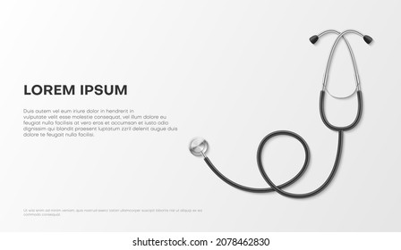 Healthcare medical horizontal poster with stethoscope and place for text realistic vector illustration. Promo advertising medicine clinic consulting, aid, ambulance or doctor examination isolated