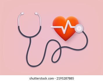 Healthcare medical horizontal poster with stethoscope and heart with beat monitor pulse line. 3D Web Vector Illustrations. 