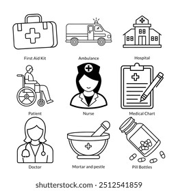 Healthcare and Medical Icon Pack: Ambulance, Doctor, Nurse, Hospital, Surgeon, Syringe, First Aid Kit and More