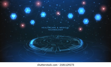 Atención de la salud e innovación en el patrón de iconos médicos antecedentes de tecnología digital. Conceptos médicos, científicos y tecnológicos. Resumen de diseño futurista. Ilustración vectorial.