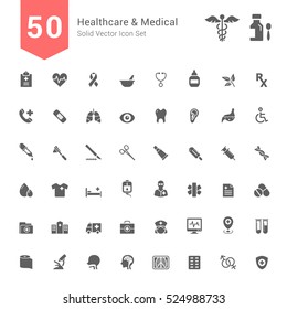 Healthcare And Medical Icon Set. 50 Solid Vector Icons.