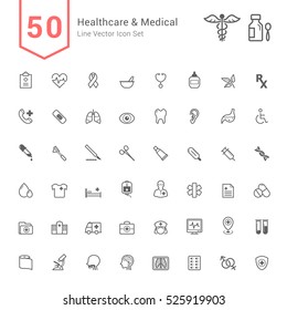Healthcare And Medical Icon Set. 50 Line Vector Icons.