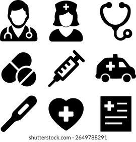 Conjunto de Ícones Médicos e de Saúde, Conjunto abrangente de ícones vetoriais com símbolos médicos e de saúde essenciais, incluindo médico, enfermeiro, estetoscópio, medicação, seringa, ambulância, termômetro.