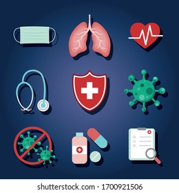 Healthcare medical Icon set on dark blue gradient background.
Virus disease, Protective medical mask, Stethoscope, Lungs, Shield, medicine, Disease prevention symbols. Vector illustration.