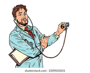Healthcare and medical institutions under government agencies. A professional at work. A male doctor listens to a patient. Pop Art Retro Vector Illustration Kitsch Vintage 50s 60s Style. On a white