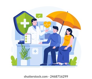 Healthcare and Medical Insurance Concept Illustration. A Male Doctor Explains Insurance Coverage to a Young Patient Couple