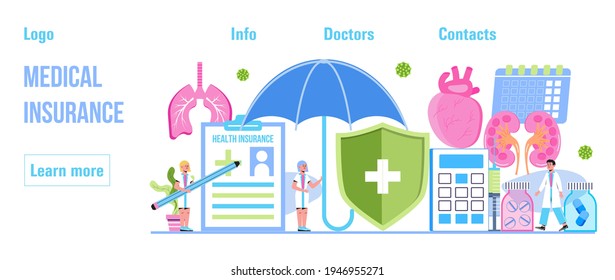 Healthcare, medical insurance vector concept, people with doctor fill health online form insurance. Help agent service for calculate insurance bill. Healthcare protection, free medicine coverage.