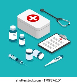 Healthcare medical isometric items. Medicines, tablets, thermometer, stethoscope, clipboard, vitamins. Vaccination concept. Syringe with Covid-19 vaccine and bottles. Vector illustration.