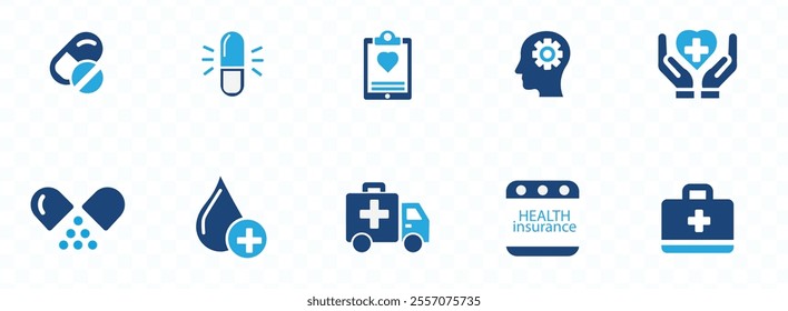 healthcare medical, life, car, home, travel insurance icons. Solid icons vector collection.