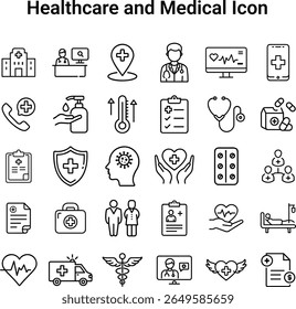 Healthcare and Medical Line Icon Set – 30 Flat Vector Illustrations on White Background