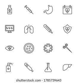 Healthcare and medical line icons set, outline vector symbol collection, linear style pictogram pack. Signs logo illustration. Set includes icons, medicine pill, vaccine syringe injection, thermometer