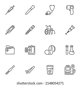 Gesundheitsfürsorge, Symbole für medizinische Linien, Vektorsymbol-Kollektion, Piktogramm-Paket mit linearem Stil. Zeichen, Logo-Illustration. Set enthält Symbole wie Diabetes-Test-Glucose-Meter, Insulinpen, Stethoskop