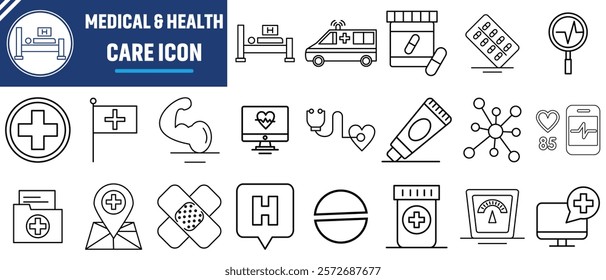 Healthcare and medical line icons set vector illustration. Hospital and medical health care icons set isolated on white background.