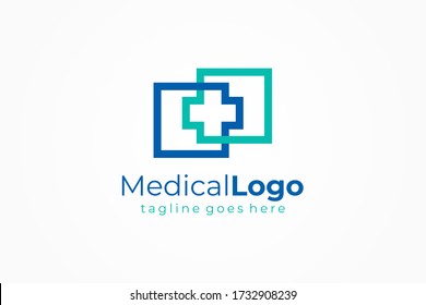 Healthcare Medical Logo. Blue and Green Double Square Lines with Cross Sign Health Icon inside isolated on White Background. Flat Vector Logo Design Template Element.
