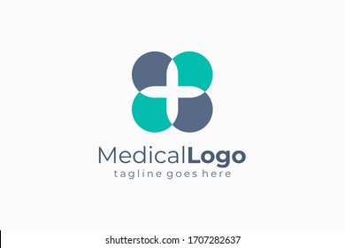 Healthcare Medical Logo. Blue and Grey Abstract Flower Symbol with Negative Space Cross Sign inside. Flat Vector Logo Design Template Element.