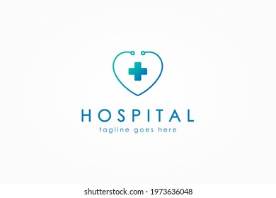 Healthcare Medical Logo. Blue Linear Heart Symbol with Stethoscope and Cross Plus Sign inside isolated on White Background. Flat Vector Logo Design Template Element.