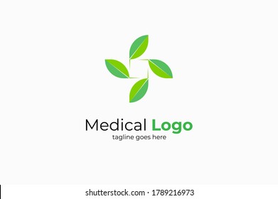 Healthcare Medical Logo,  Cross sign  from green leaf combination, flat logo design template, vector illustration