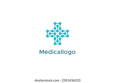 Healthcare Medical Logo Image. Blue Geometric Cross Sign Health Icon Linked Dots Style isolated on White Background. Flat Vector Logo Design Template Element usable for Hospital and Clinic Logos.
