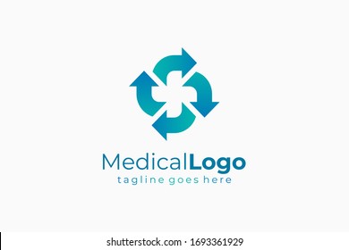 Healthcare Medical Logo. Recycle Arrows with Negative Space Cross Sign inside. Flat Vector Logo Design Template Element