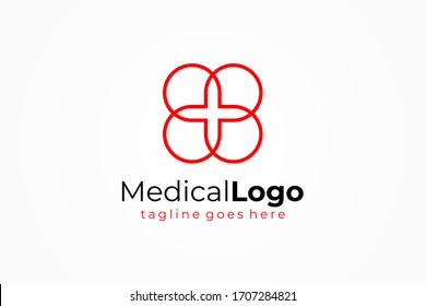 Healthcare Medical Logo. Red Line Rounded Abstract Flower Symbol with Cross Sign inside. Flat Vector Logo Design Template Element.