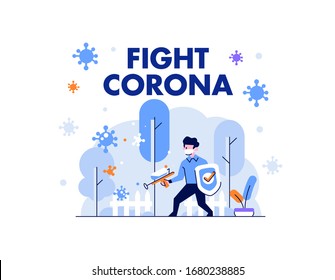 Healthcare medical man and woman protect and fight corona, covid 19 shielding, defending people character flat design gradient style Vector Illustration